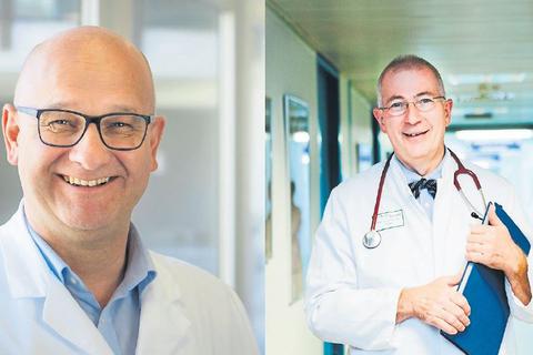 Professor Markus Knuf (links) kommt von den HSK in Wiesbaden nach Worms. Professor Heino Skopnik geht in den Ruhestand. Fotos: HSK/ Klinikum Worms