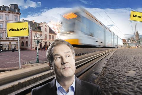 Die City-Bahn - in Wiesbaden und Mainz. Gedanken von Lars Reichow. Fotomontage: vrm/sbi, Fotos: mojolo - stock.adobe.com, Sascha Kopp, Mario Andreya