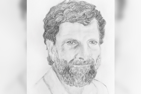 Osman Kavala in der Zeichnung einer Mitstreiterin, die aus Angst vor Repressalien nicht genannt werden möchte. Zeichnung: privat